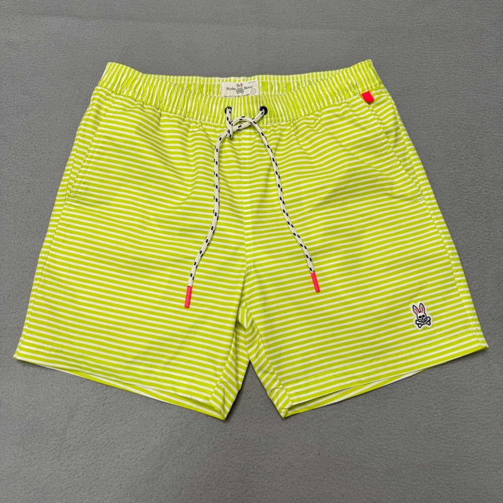 Psycho Bunny Swim Trunks Mens S Green Striped Polyester Mesh Lined Board Shorts